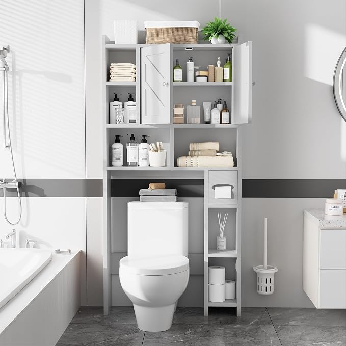 Over the Toilet Storage Cabinet, Freestanding Storage Cabinet Over Toilet, Bathroom Storages Organizer Cabinets with Toilet Paper Holder Stand and Adjustable Shelf, White