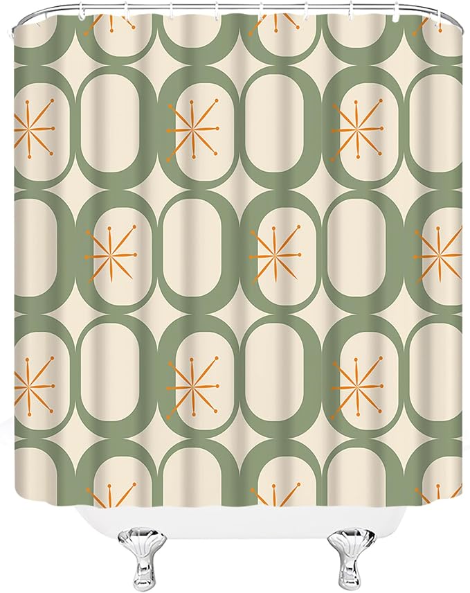 Mid Century Shower Curtain Modern Abstract Atomic Starbursts Squares Retro 50s Geometric Bathroom Decor Polyester Curtains with Hooks
