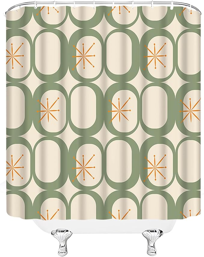 Mid Century Shower Curtain Modern Abstract Atomic Starbursts Squares Retro 50s Geometric Bathroom Decor Polyester Curtains with Hooks
