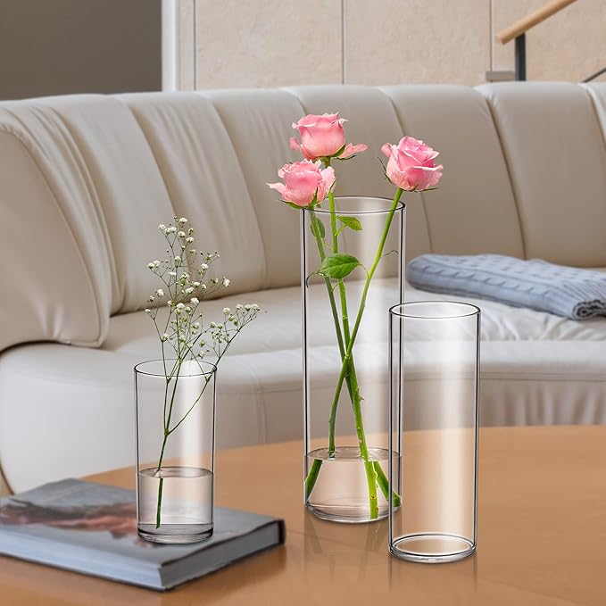 Amazing Abby - Viola Magra - Plastic Cylinder Vases (3-Piece Set), Acrylic Flower Vases for Wedding Centerpieces, Home Decorations, Office Ornaments, Shatter-Proof, 6" + 9" + 12" (H) (Not Glass)