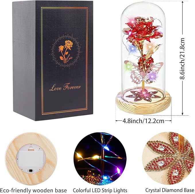 Beferr Christmas Birthday Gifts for Women, Mom Gifts for Christmas Galaxy Glass Rose Forever Preserved Flowers for Delivery Prime Rose in Glass Dome Xmas Gifts for Grandma Wife Sister Her, Red