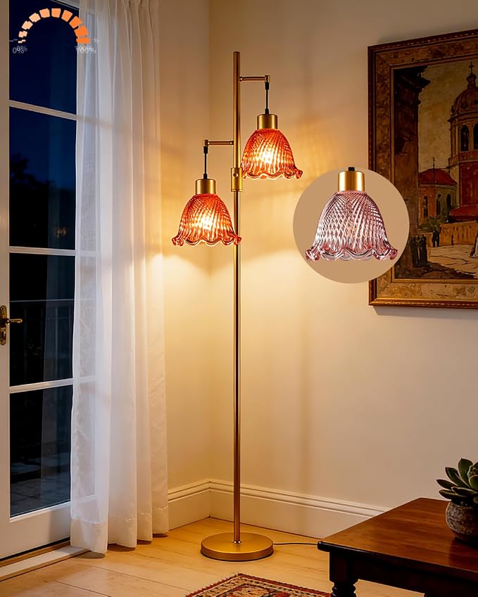 Lightdot 65IN Gold Flower Floor Lamp for Living Room, 2- Light Dimmable Floor Lamps with Deep Red Glass Lampshade,3000K Warm White Modern Standing Tall Lamp with 5Lbs Heavy Base for Bedroom Sofa