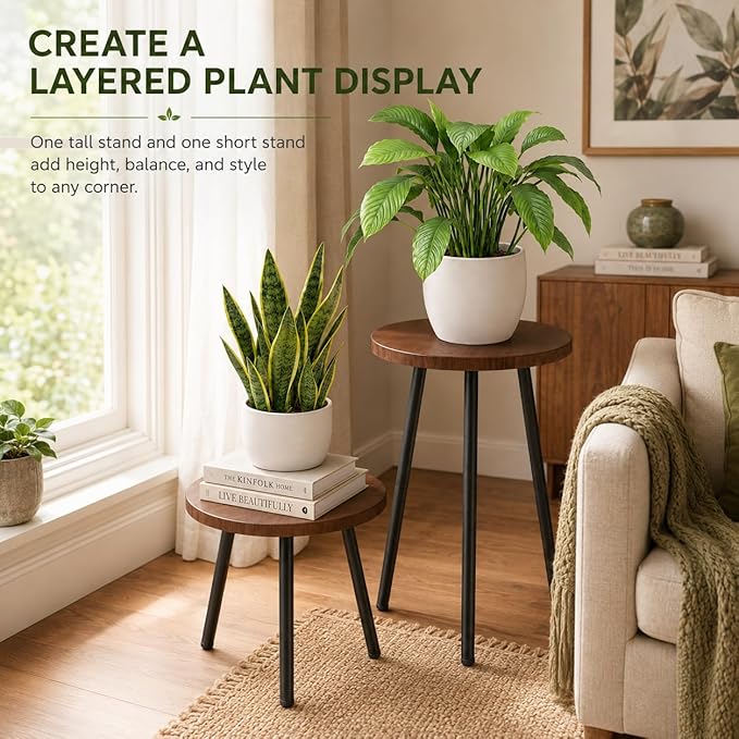 2 Pack Plant Stand Set: Small Round Plants Stand Indoor Wood Grain Plant Tables with Metal Legs - Indoor Outdoor Plant Stands for Living Room, Bedroom, Patio, Balcony, Brown, 150 lbs Capacity