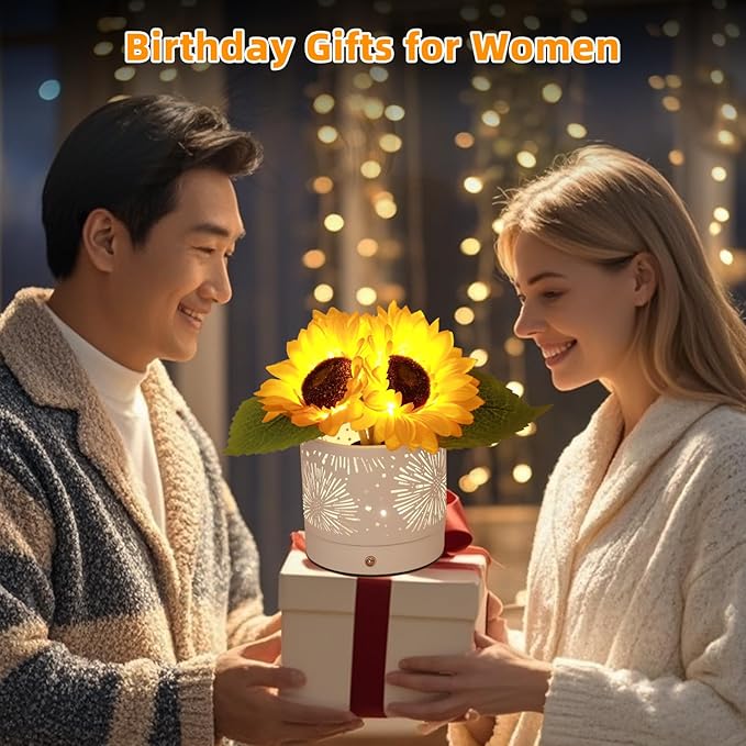 Birthday Gifts for Women,Sunflower Flower Touch Lamp,Rechargeable Cordless Lamp 3-Colour Dimming Night Light for Festival,Restaurant,Bedroom,Office Home Decor Gifts for Women Mom