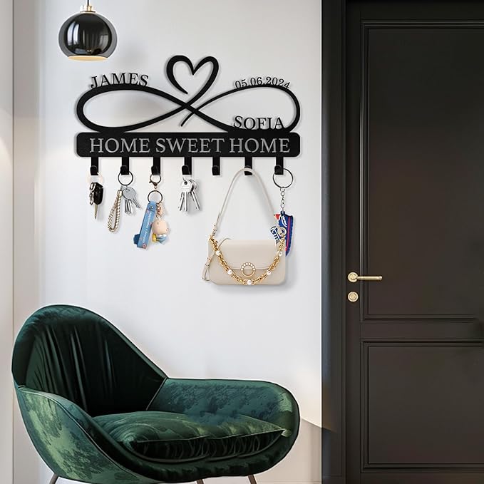 Personalized Metal Couple's Name Key Rack Coat Rack | Wedding Couple Gifts | Custom Wall Mount Key Holder for Kitchen Bedroom Hallway