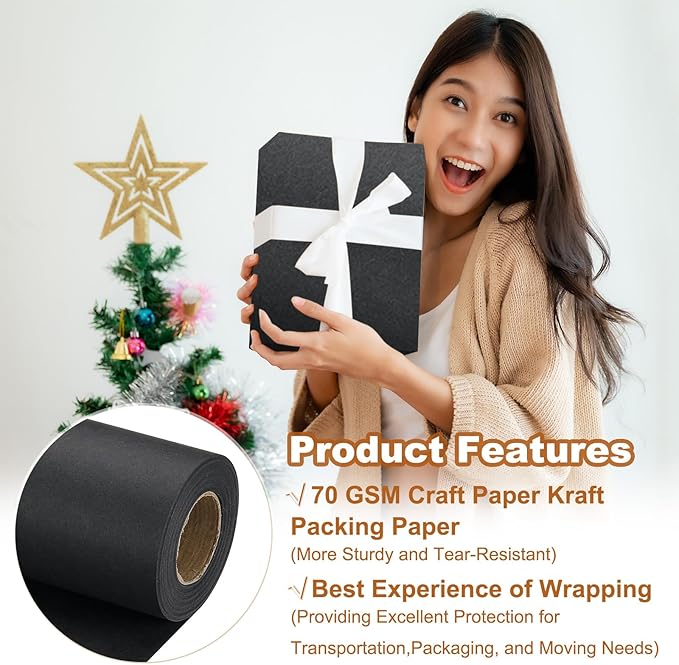PATIKIL Wrapping Paper, 15" x 500"(42') 70 GSM Craft Paper Roll Kraft Packing Paper for Poster Bulletin Board, Gift Wrapping, Black