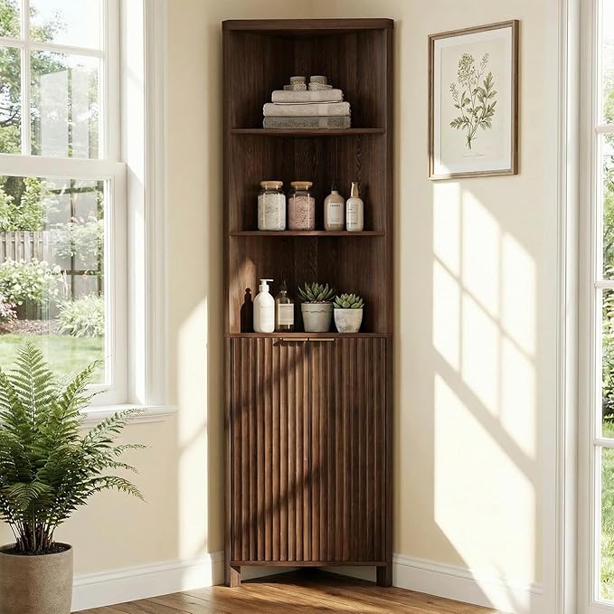 VINGLI Tall Corner Cabinet with Fluted Doors, 68" Walnut Corner Storage Cabinet with Adjustable Shelves, Freestanding Wood Corner Bookshelf for Bathroom, Living Room & Kitchen, Space-Saving