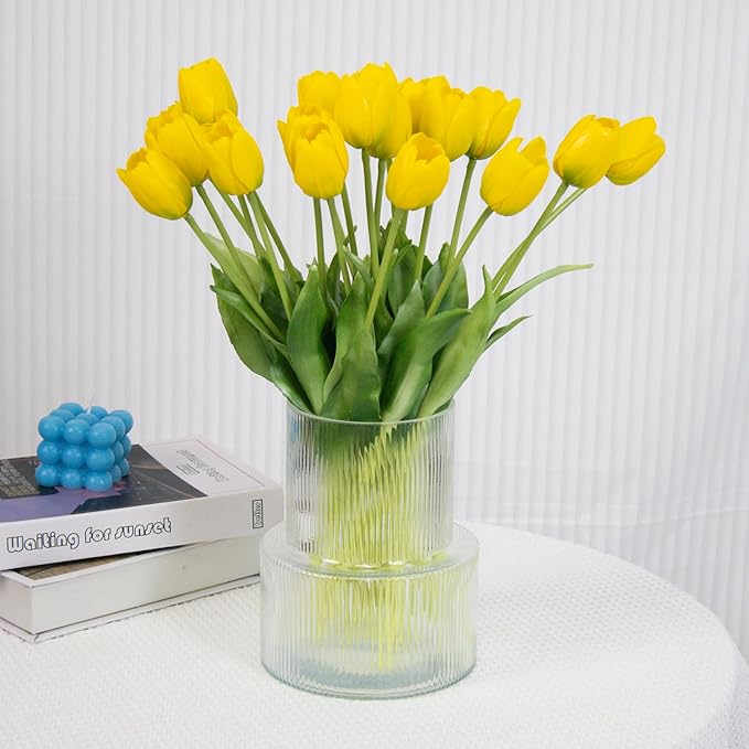 20 Artificial Tulips in Fluted Glass Vase, Waterproof Faux Flowers Bouquet for Wedding Home Office Decor, Table Centerpiece, Housewarming Birthday Gift Set (Yellow)