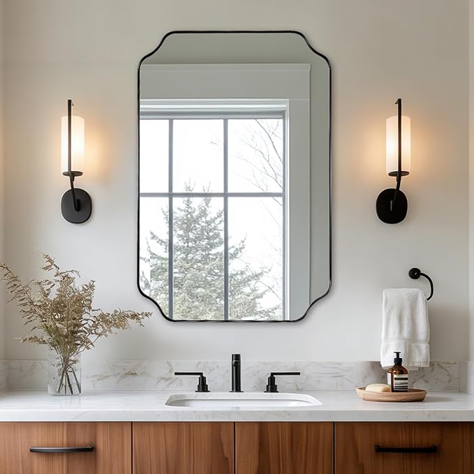 ANDY STAR 20"x30" Matte Black Mirror, Bathroom Vanity Mirror, Modern Scalloped Mirror in Premium Stainless Steel Thin Frame, Unique Rounded Notched Corners, Compact Size for Small Bathroom Remodel