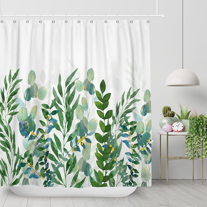 Spring Shower Curtain, Watercolor Mint Green Leaf Shower Curtain, Sage Green Plant Leaves Eucalyptus Shower Curtain, Greenery Botanical Curtain for Bathroom Country Decor, 72x72in w/12 Hooks