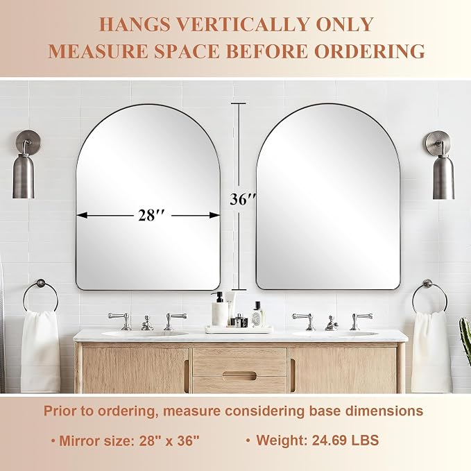 ANDY STAR Arched Mirror, 28 x 36 Inch Brushed Nickel Wall Mirror in Stainless Steel Metal Frame, Arch Top Rounded Corner 1 Inch Deep Set Design Wall Mount Hangs Vertical