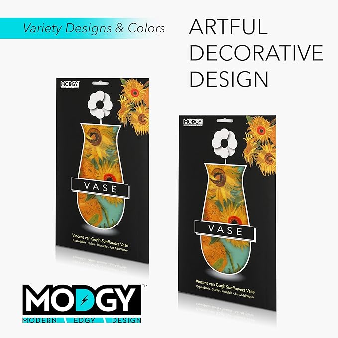 MODGY Expandable Flower Vase, Plastic Decorative Modern Foldable Printed Vases for Centerpieces for Wedding, Dining Table, Home Decor, Living Room, Bathroom, Sunflowers, Vincent Van Gogh, 2 Pack