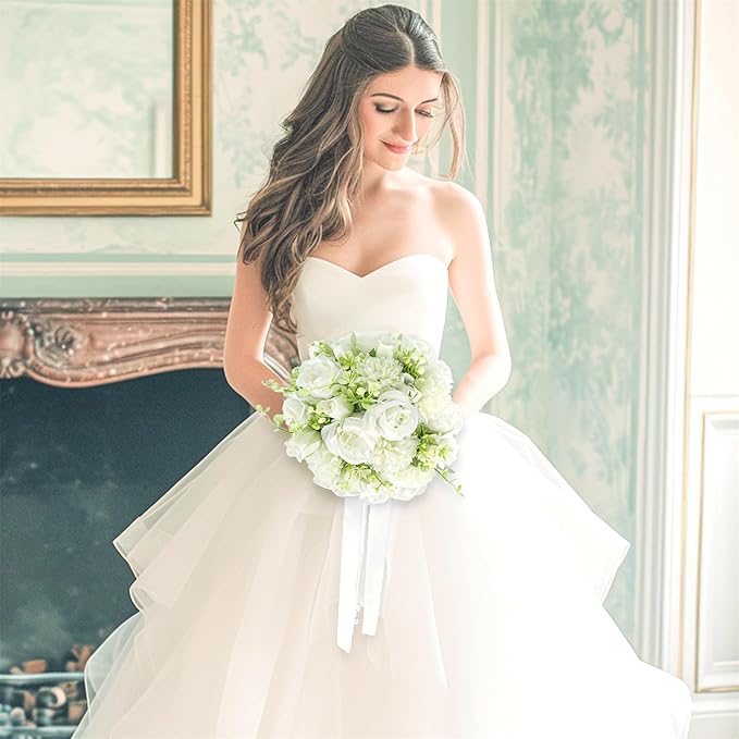 8.6 Inch Wedding Bouquets for Bride Bridesmaid, Ivory White Green Bouquet with Pearl Chains Artificial Fake Silk Roses Flowers for Wedding Boho Rustic Church Decoration Toss Bouquet
