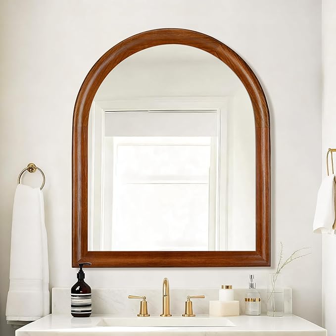 Tanmicoshomy Wood Arched Bathroom Mirror for Wall 30x36 Inch, Wall Mirrors with Tempered Glass for Living Room, Bedroom or Entryway