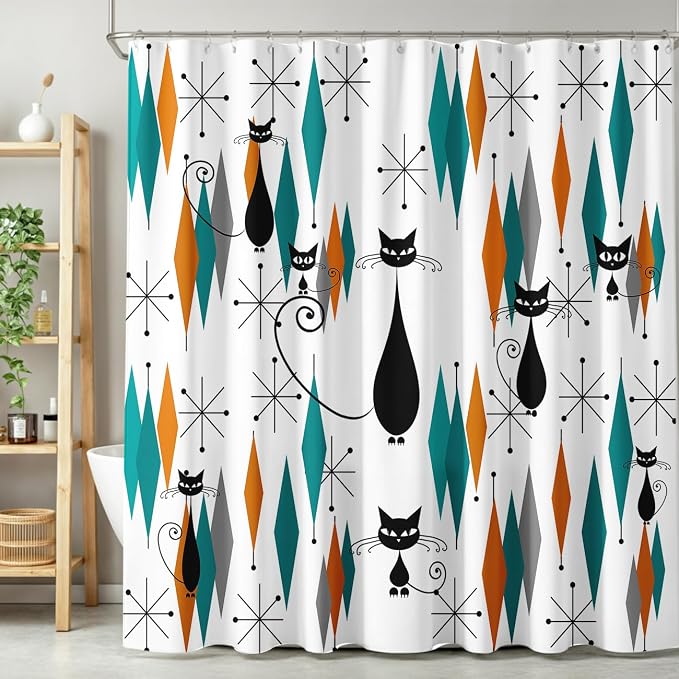 Mid Century Modern Cat Shower Curtain,Abstract Atomic Starburst Geometric Diamond Pattern Shower Curtains Set for Bathroom Fabric Decorative Bath Curtain Washable Curtain Hooks, 72x72”