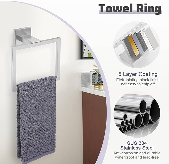 Brushed Nickel Towel Bar Set,5-Piece Bathroom Hardware Set Includes Upgraded Double Base Paper Towel Holder Modern Square Towel Holder Set,Stainless Steel Wall Mount 23.6 Inch
