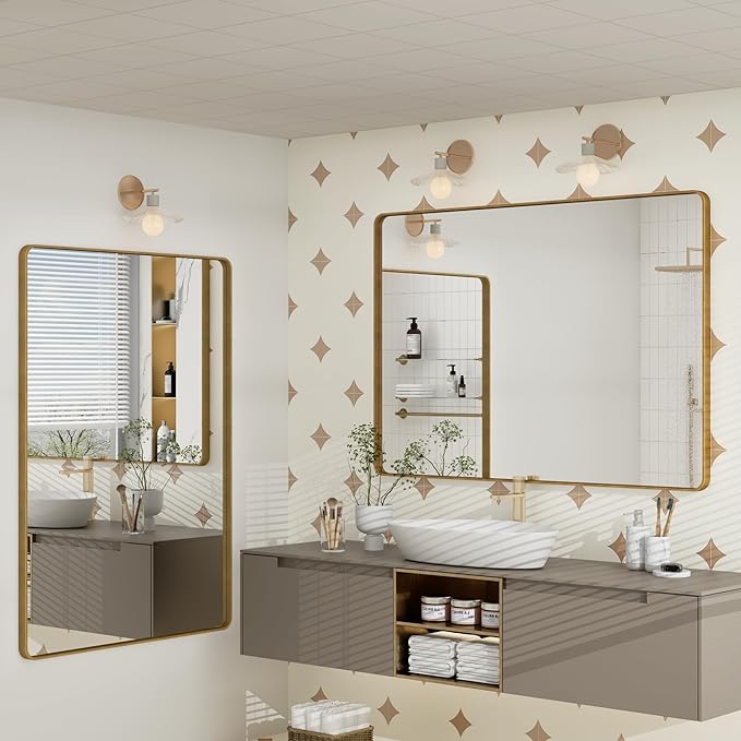 60x40 Gold Bathroom Mirror, Brushed Metal Frame Gold Vanity Mirror, Large Rectangle Mirror for Wall, Rounded Corner, Shatterproof, Anti-Rust (Horizontal/Vertical)