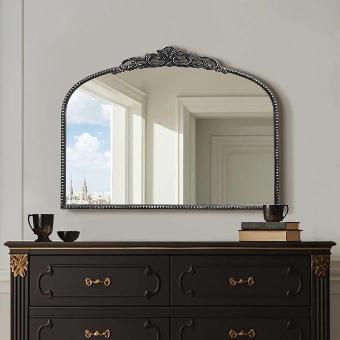 Micasso Large Vintage Black Mirror: 40"x29" French Baroque Antique Arched Mirror - Traditional Ornate Decorative for Wall/Fireplace/Mantel/Entryway/Bathroom/Hallway - Home Decor for Living Room
