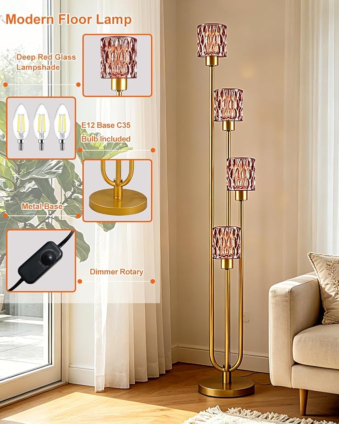 Vintage 4-Head Glass Floor Lamp, Gold Tiered Standing Lamp with Deep Red Textured Glass Shade, Dimmable LED Floor Lamp with 5Lbs Heavy Base for Living Room Bedroom Home Decor, Bulb Included