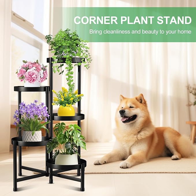 Plant Stand Indoor Outdoor 5 Tier Black Metal Plant Holder 31 in Tall 9 in Wide,Tiered Flower Pot Display Stand,Multiple Plant Stand for Living Room Corner Garden Patio Lawn Balcony