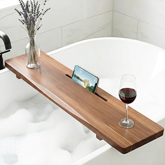 Acacia 1.2" T Wood Bathtub Tray Caddy for Freestanding Tub, 35" L Adjustable Bath Tray for Tub, Luxury Spa Bathroom Tray Organizer Table, Bath Tub Accessories for Women, Housewarming, Birthday Gifts
