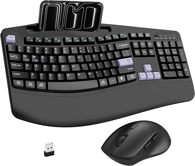 Wireless Keyboard and Mouse Combo, 2.4G Full Size Wave Keys Ergonomic Keyboard with Wrist Rest, Phone Holder, 3-Level DPI Wireless Silent Mouse with 6-Buttons, for Windows, Mac OS (Purple Black)