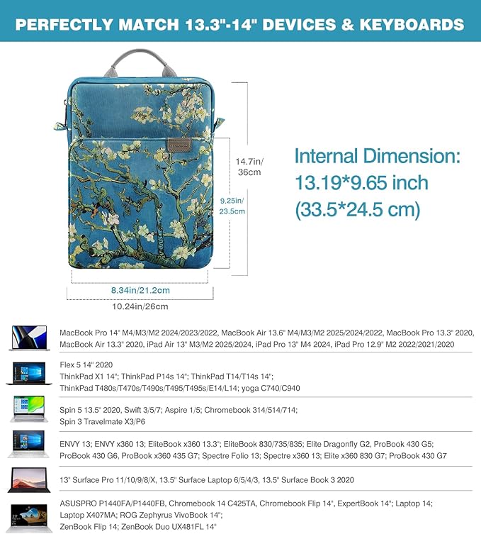 MoKo 13.3-14 Inch Laptop Sleeve Bag Fits MacBook Pro M3/M2 14" 2023, MacBook Pro 13" M2, Air 13.6 M3/M2,Tab S8 Ultra 14.6,Handle Carrying Case with Shoulder Strap, Apricot Flower