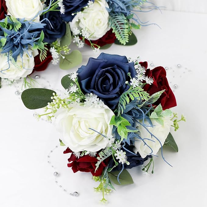 Set of 4 Bridesmaid Bouquets for Wedding - 7 Inch Artificial Flowers Bouquets for Ceremony Anniversary Centerpieces Decorations - Burgundy & Navy Blue & White