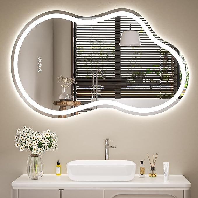 Cloud Shape Asymmetrical LED Vanity Mirror with Lights, 36"x24" Fogless Lighted Bathroom Mirror, 4mm Tempered Glass, Dimmable 3-Color & Memory Function, Wall Mounted (Horizontal/Vertical)