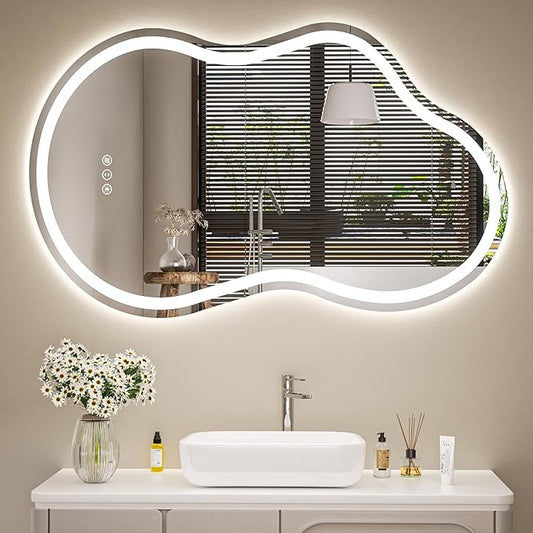 Cloud Shape Asymmetrical LED Vanity Mirror with Lights, 36"x24" Fogless Lighted Bathroom Mirror, 4mm Tempered Glass, Dimmable 3-Color & Memory Function, Wall Mounted (Horizontal/Vertical)