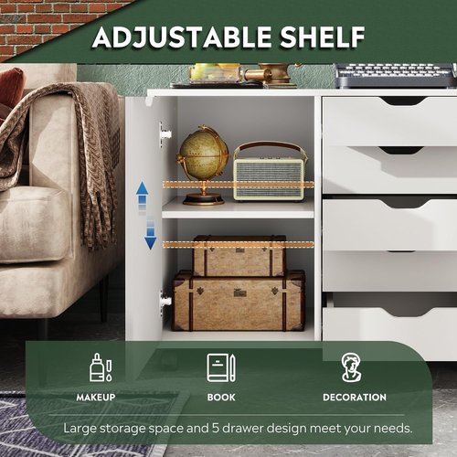 Regine Switzerland 5-Drawer Wood Storage Cabinet - Adjustable Shelf & Wheels | White, 15.7" D x 30.7" W x 25.4" H