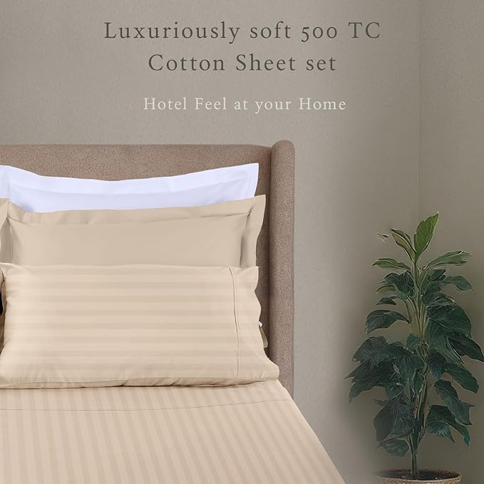 Threadmill 500 Thread Count Twin-XL Size Damask Stripe, 3 Pc Luxury Cotton Bed Sheet Set, Silky Soft Light Beige Sheets with 15" Elasticized Deep Pocket, 1 Pillowcase & Free Tote Bag