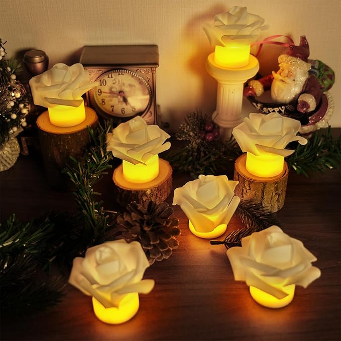 12 Pack Led Candles with Artificial Flowers, 200+Hour Battery Operated Tea Lights Candles for Centerpiece Table, Party, Wedding Decorations(White)