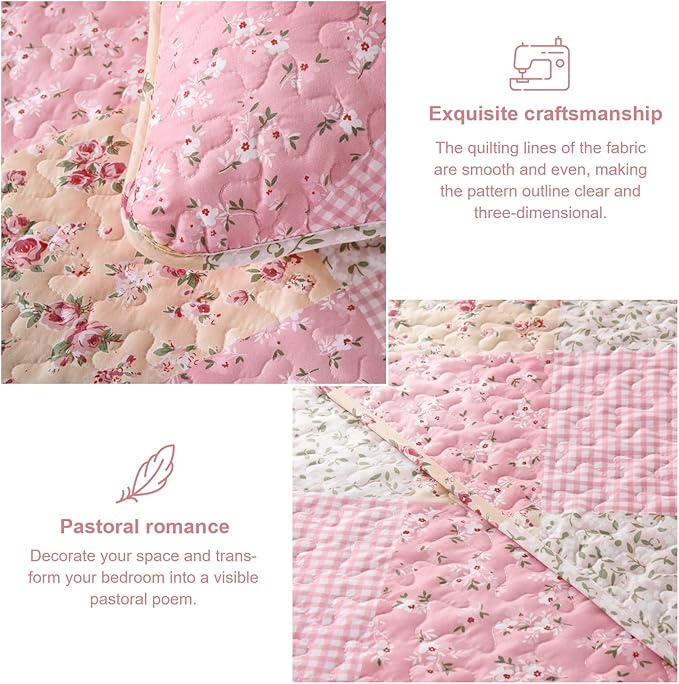 Dinjoy Floral Plaid Patchwork Quilt Set King Size, Reversible Pink Bedding Set Soft Microfiber Lightweight Bedspread Coverlet 3 Piece Fall Autumn Summer Use (110x90 inches)