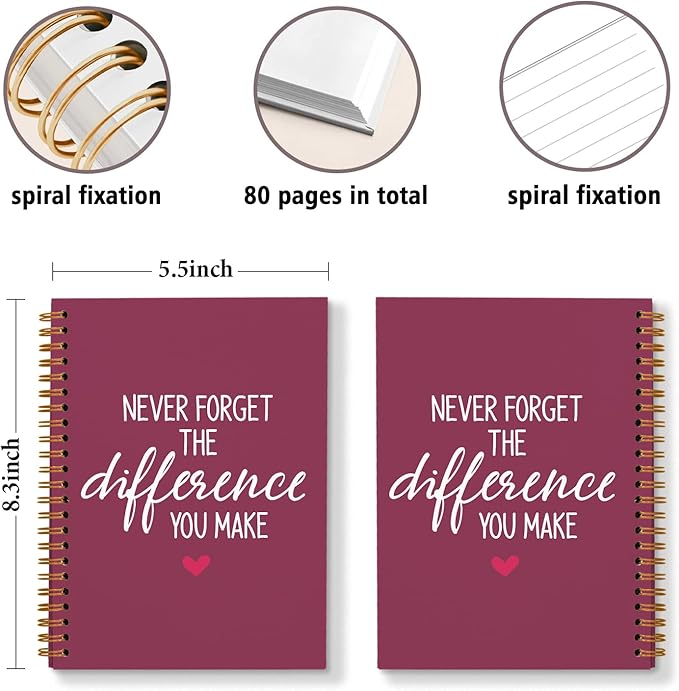 DSHFG Purple Red Notebook Journal for Women Employees Gifts, Notebooks for Work Office Supplies, Appreciation Gifts Thank You Gift, Spiral Notebook, Never Forget The Difference You Make, 5.5x8.3