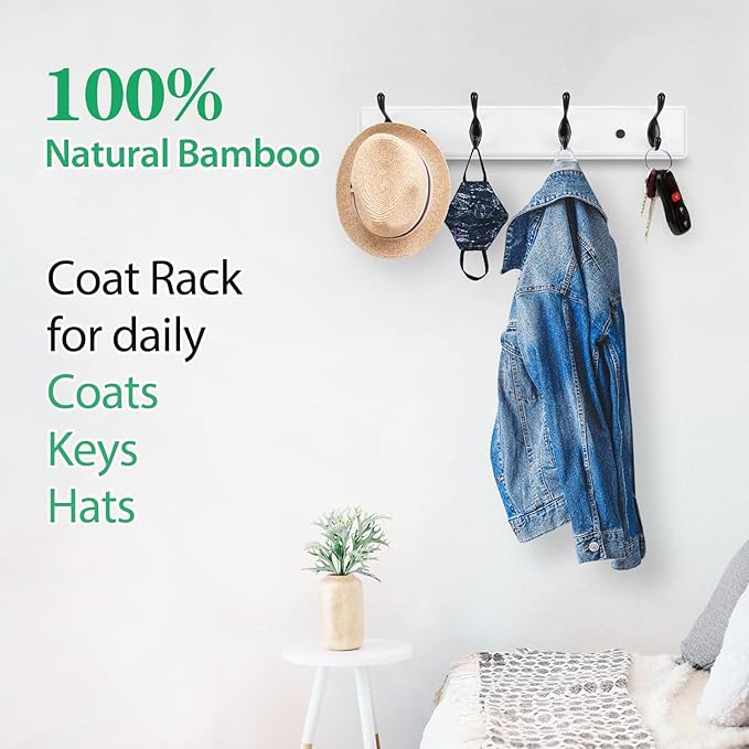 Wooden Coat Rack, Wall-Mounted Organizer for Closet, Entryway, Hallway, Foyer, Bedroom, Heavy Duty Double Hooks for Hanging Towels, Bags, Hats, Jackets, Key (WhiteBlack, 4 Hooks)