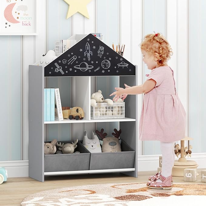HONEY JOY Toy Storage Organizer, Wooden Dollhouse Bookcase w/Blackboard, Whiteboard, Storage Bins, Toddler Book Shelf, Children Toy Display Chest Cubby, Kids Bookshelf for Playroom Nursery (Gray)