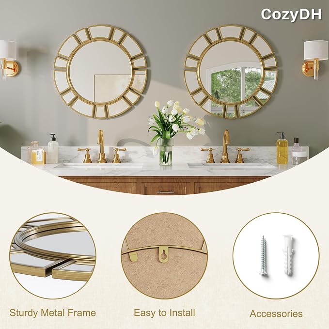 CozyDH Retro Gold Sunburst Mirror Decor - 24 inch Round Wall Mirror Decorative with Metal Frame Modern Bohemian Sun Art Decor Mirror for Entryway Bedroom Living Room Hallway Bathroom Fireplace