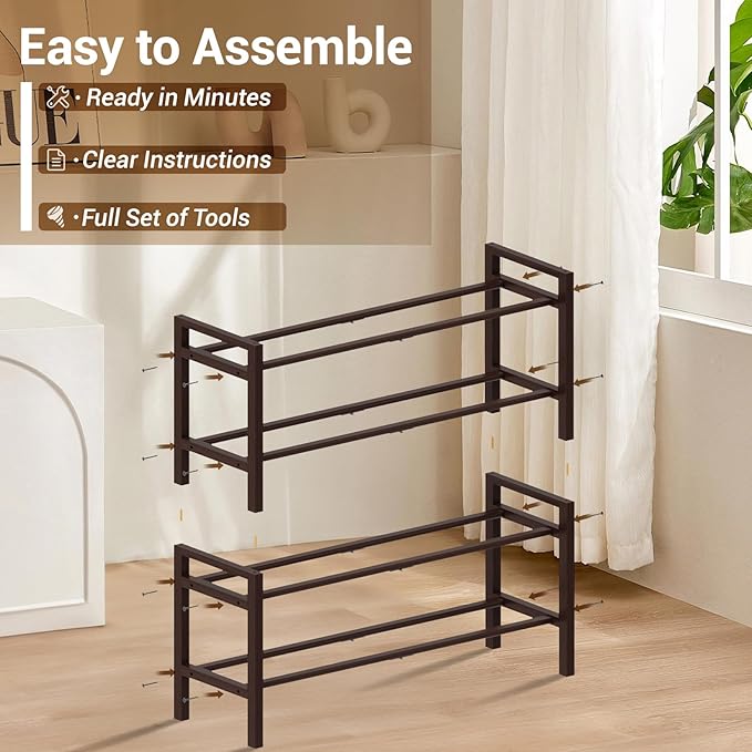 Haddockway Bamboo Shoe Rack for Closet, Free Standing Shoe Organizer with Smooth Round Rods & Convenient Handles, Stackable Shoe Storage Shelf for Entryway, Hallway(Brown, 4-Tier)
