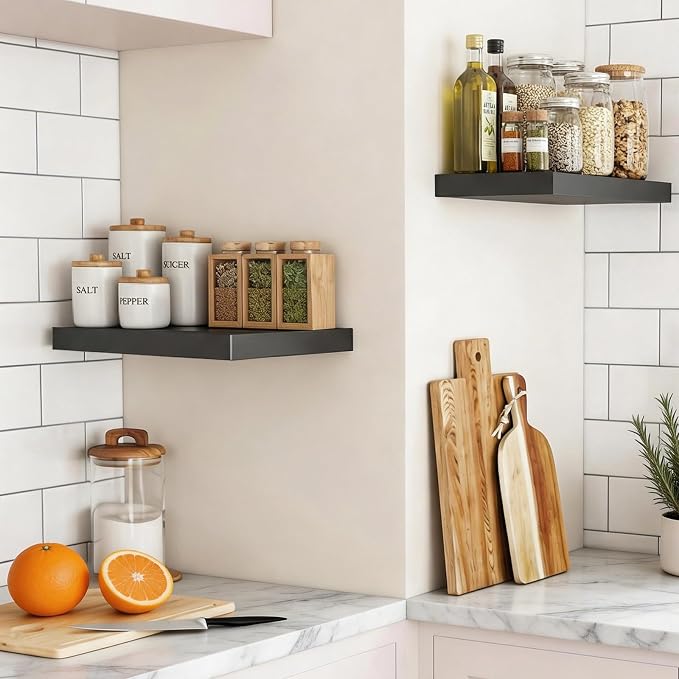 17.5in Floating Shelves for Wall, Wall Mounted Shelves for Decor Storage Set of 2, Floating Shelf for Bedroom, Bathroom, Living Room and Kitchen（Black）