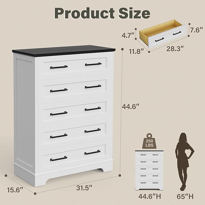 YESHOMY Tall Dresser for Bedroom, Farmhouse 5 Drawers Dresser, Chest of Drawer Chest, Multi-Tier Clothing Storage Cabinet, White and Black