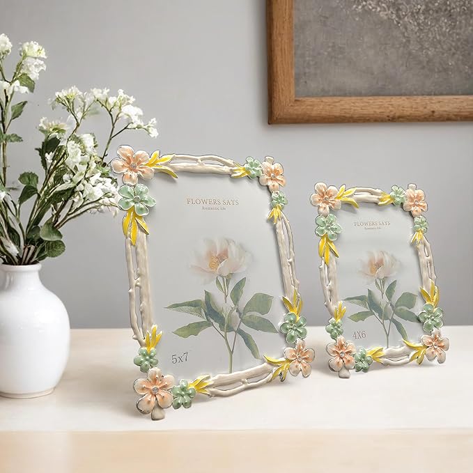 Vintage 5X7 Floral Metal Picture Frame with Enamel Finis Glass Front - Ornate Antique Pink and Green Flowers Photo Frame Tabletop/Wall Display Gifts for Women
