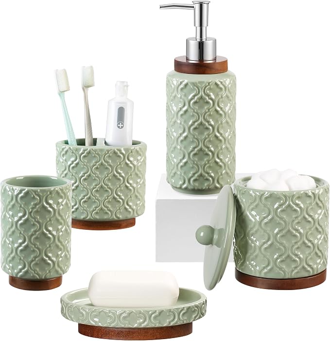 RQYIXI Elegant 5 PCS Ceramic&Wood Bathroom Accessories Set:Soap Dispenser,Toothbrush Holder,Tumbler,Soap Dish,Cotton Swab Jar,Easy to Clean,Quatrefoil Pattern,Green-Affordable Home Luxury