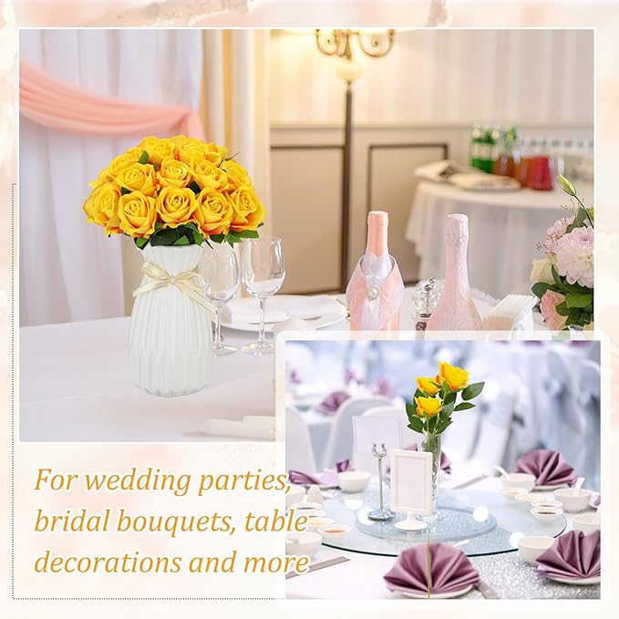 Jexine 50 Pcs Artificial Rose Flower Bulk Realistic Silk Fake Roses with Long Stem Plastic Artificial Flower Bouquet Real Looking for Home Wedding Centerpieces Party Decoration(Yellow)