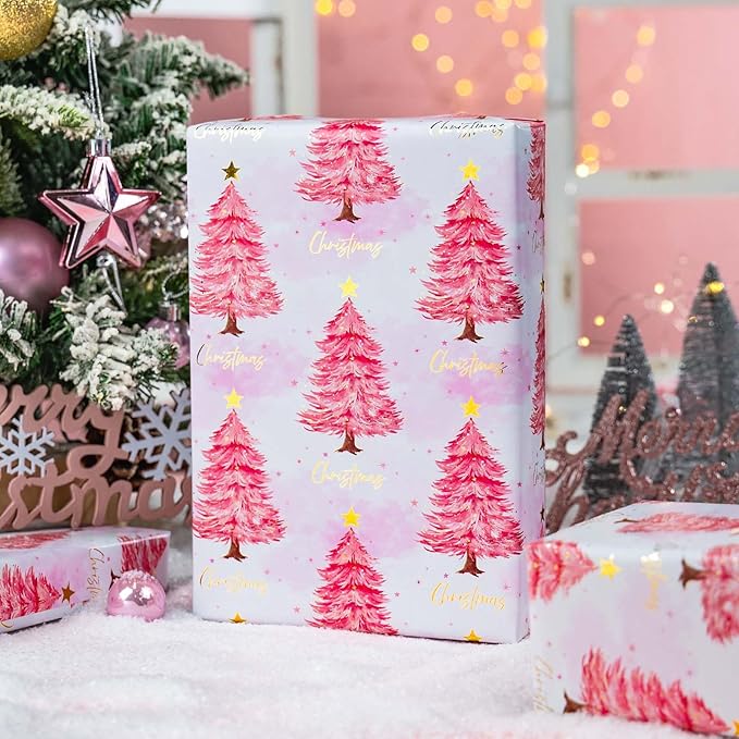 MAYPLUSS Christmas Wrapping Paper Roll - 17IN X 33FT - Pink Gift Wrapping Paper Featuring Christmas Tree Little Star Reversible Cut Lines for Kids, Holiday, New Year