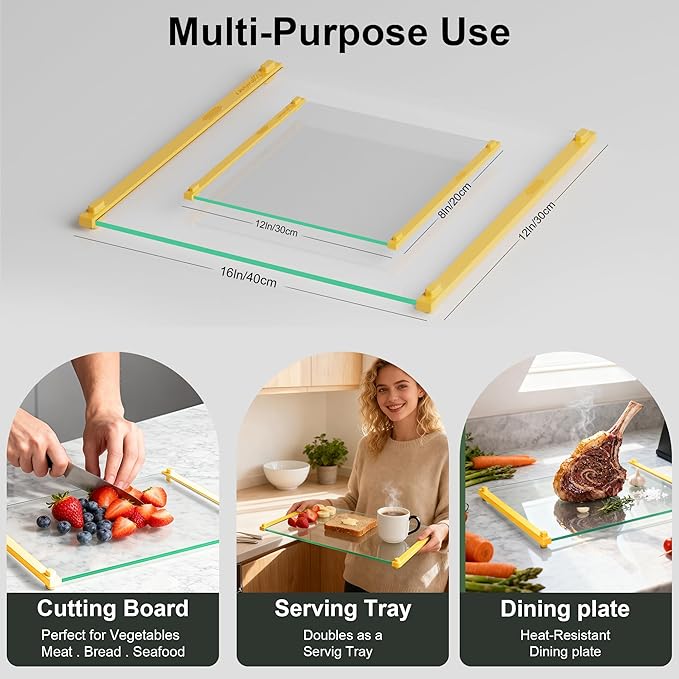 Tempered Glass Cutting Board for Kitchen, 12x16" & 12x8" 2 Pcs,Heat Resistant, with Non-Slip Feet, Non Toxic,Dishwasher Safe (Yellow)
