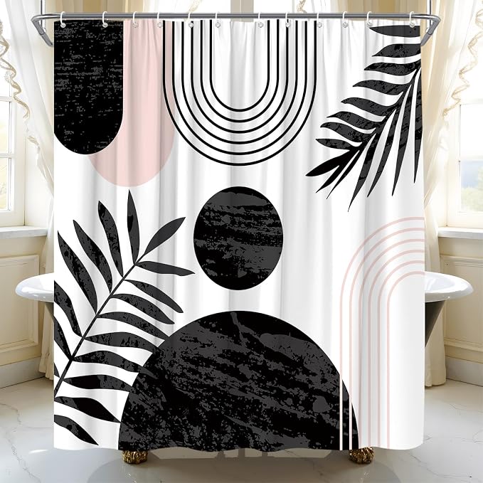 Mid Century Modern Shower Curtain Boho Black Abstract Retro Aesthetic Fabric for Bathroom Decor Bathtub with Hooks (70" WX74.8 H)