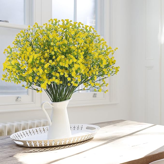 JIFTOK Babys Breath Artificial Flowers, 24 Pc Fake Flowers Gypsophila Bouquet Fall Flowers Artificial for Decoration, Real Touch Silk Flower for Wedding Christmas DIY Party Home Garden Office (Yellow)