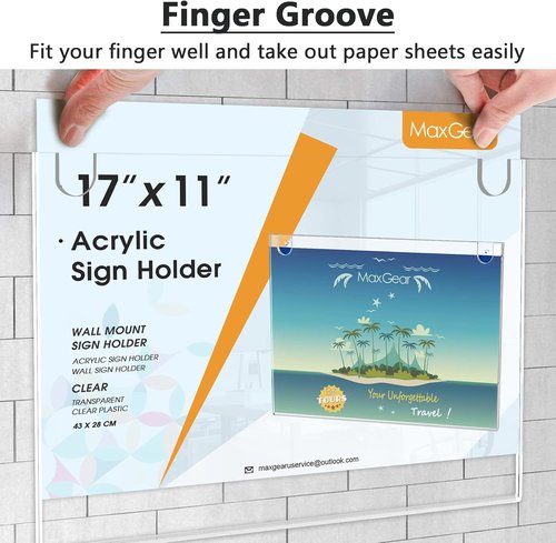MaxGear Acrylic Sign Holder - 11 x 17 Inch Clear Wall Mount Frame with Adhesive Tapes | 6 Pack for Office & Home