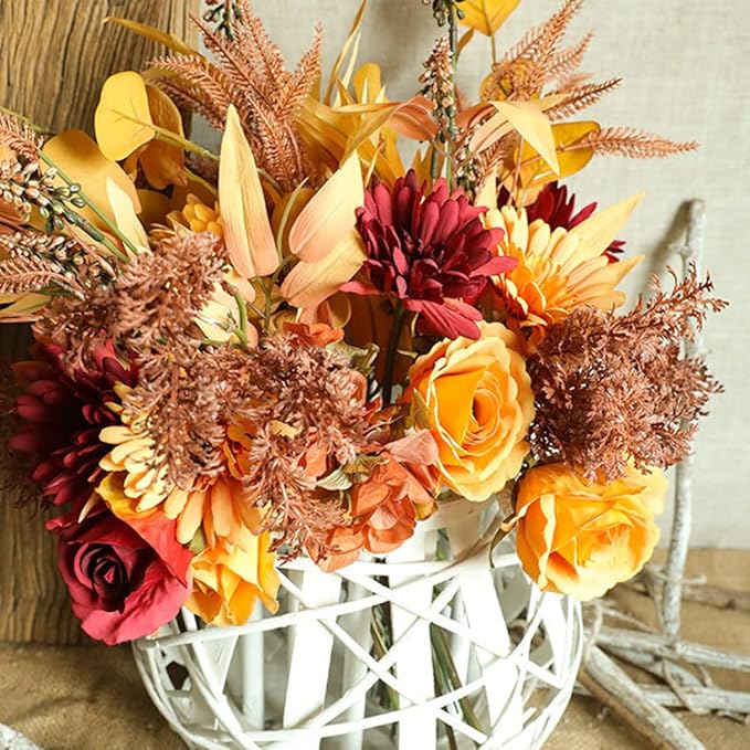 Artificial Flower Bouquet Sunflowers Roses, Fall Decor Bridal Bouquets Silk Flowers for Home, Party, Wedding, Porch, 2 Sets